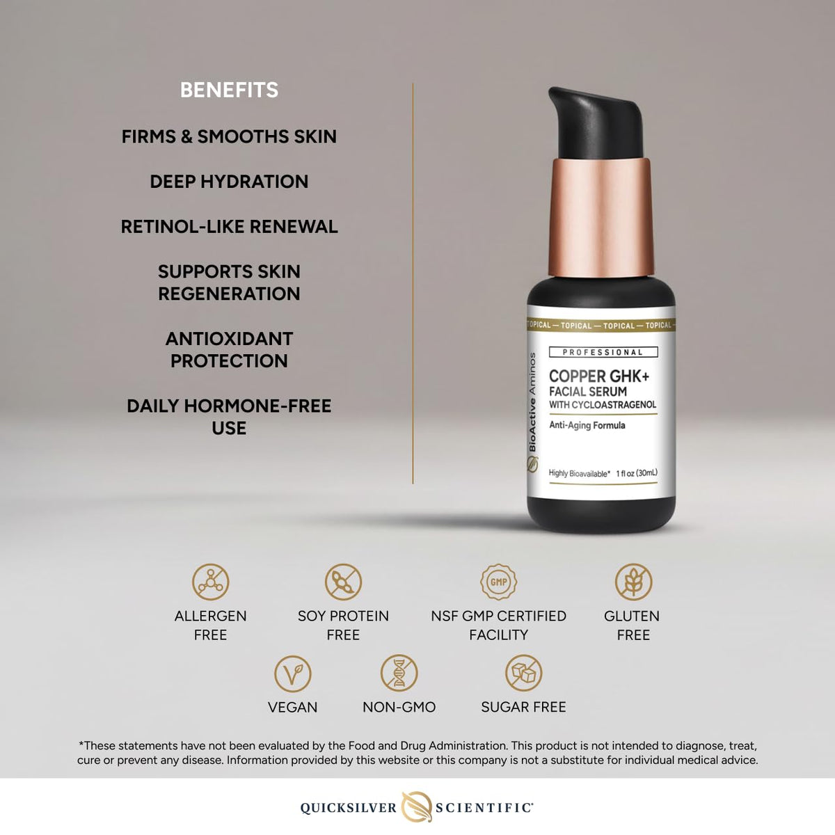 Quicksilver Scientific ingredients display highlighting peptide and antioxidants