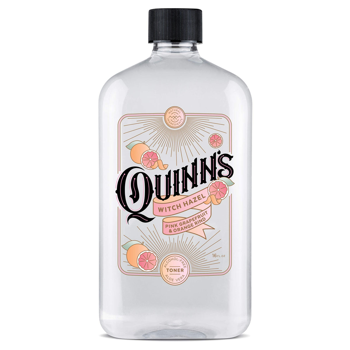 Quinn’s front bottle showing pink grapefruit orange scent and clean design benefit: easy identification