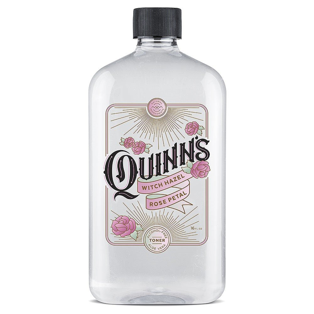 Quinn's front packaging showing 16 oz rose toner and clear benefits