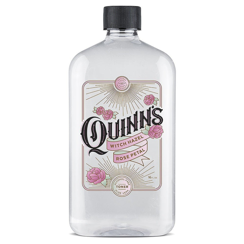 Quinn's front packaging showing 16 oz rose toner and clear benefits