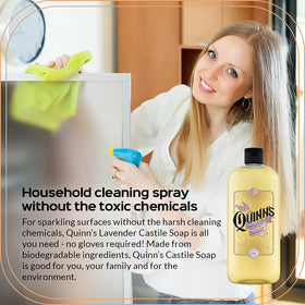Quinn's bottle beside clean dishes showing multiuse cleaning and degreasing power