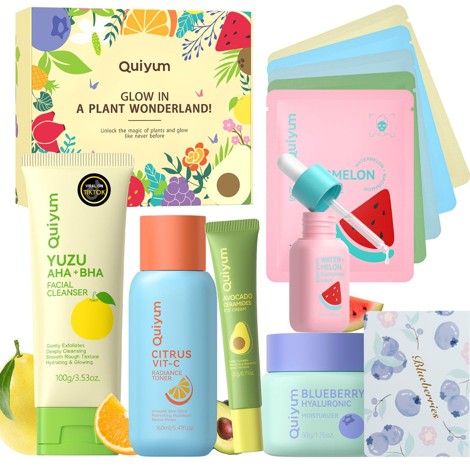 QUIYUM front packaging showing complete 10-piece fruit skincare set benefits