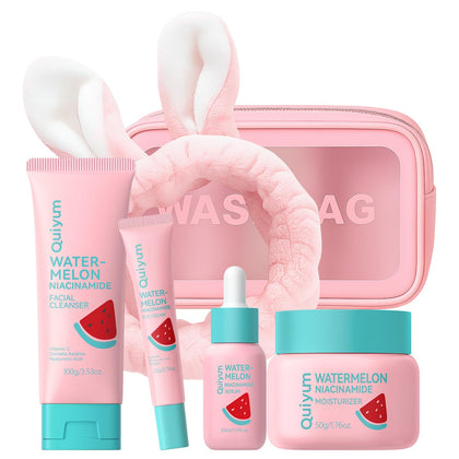 QUIYUM front packaging showing full four-piece watermelon skincare set benefits