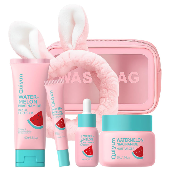 QUIYUM front packaging showing full four-piece watermelon skincare set benefits