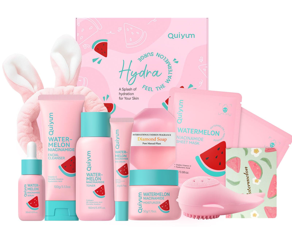 QUIYUM front packaging of watermelon skincare kit showing full gift set benefits