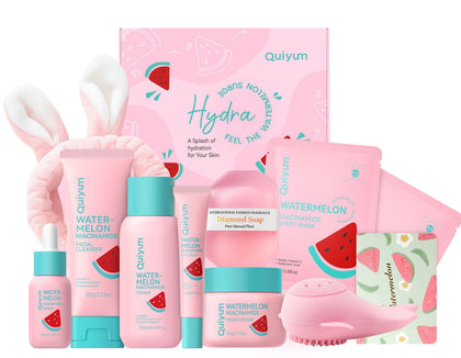 QUIYUM front packaging of watermelon skincare kit showing full gift set benefits