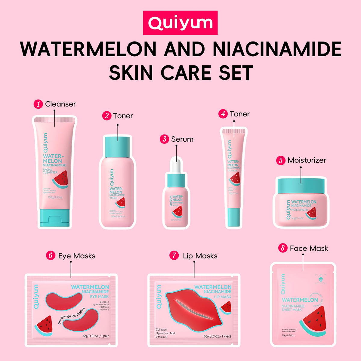 QUIYUM sheet masks and lip pads laid out showing targeted hydration benefit