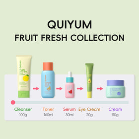 QUIYUM routine flatlay on a bathroom counter illustrating an easy daily skincare flow