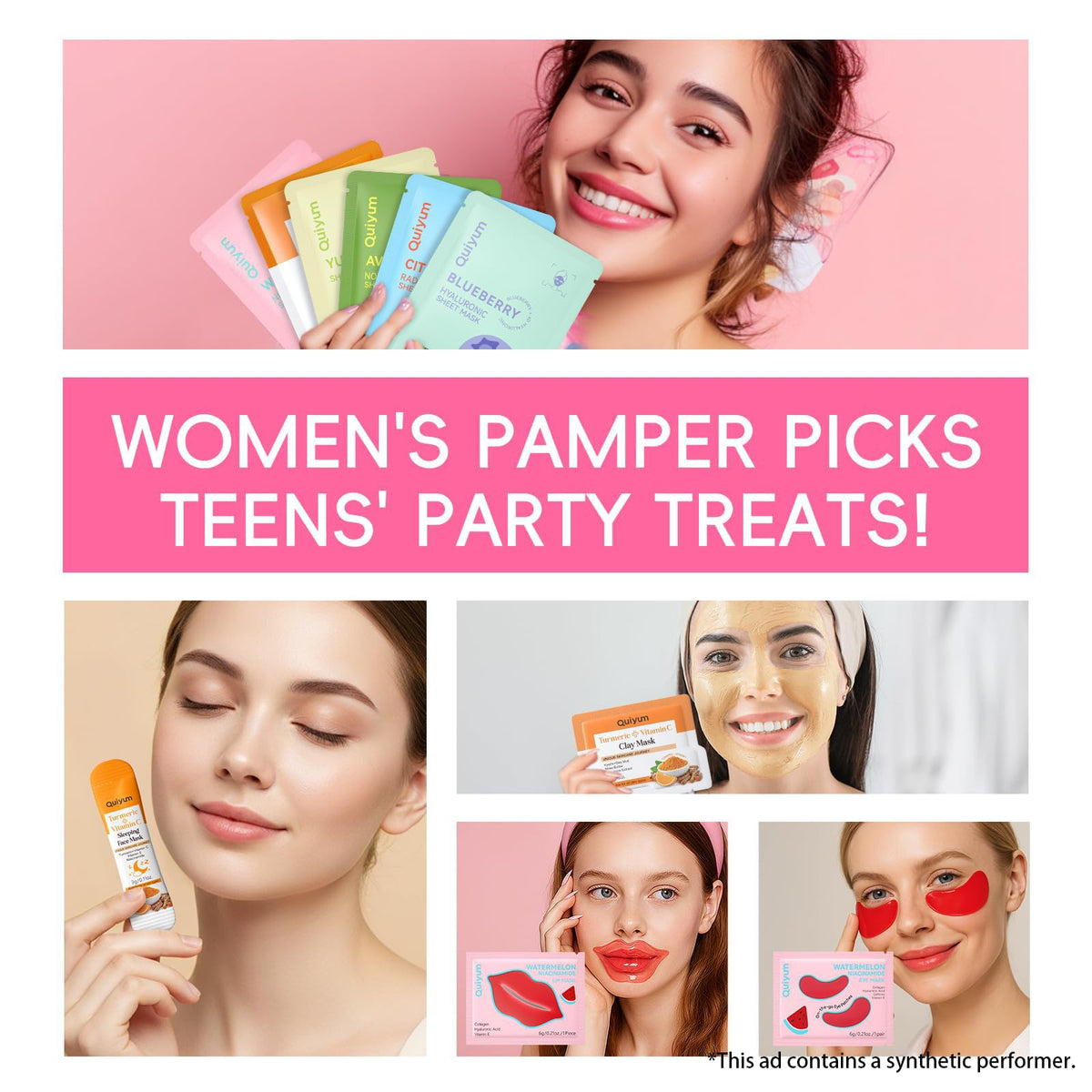 QUIYUM watermelon lip and eye patches pair demonstrating targeted-softening benefit