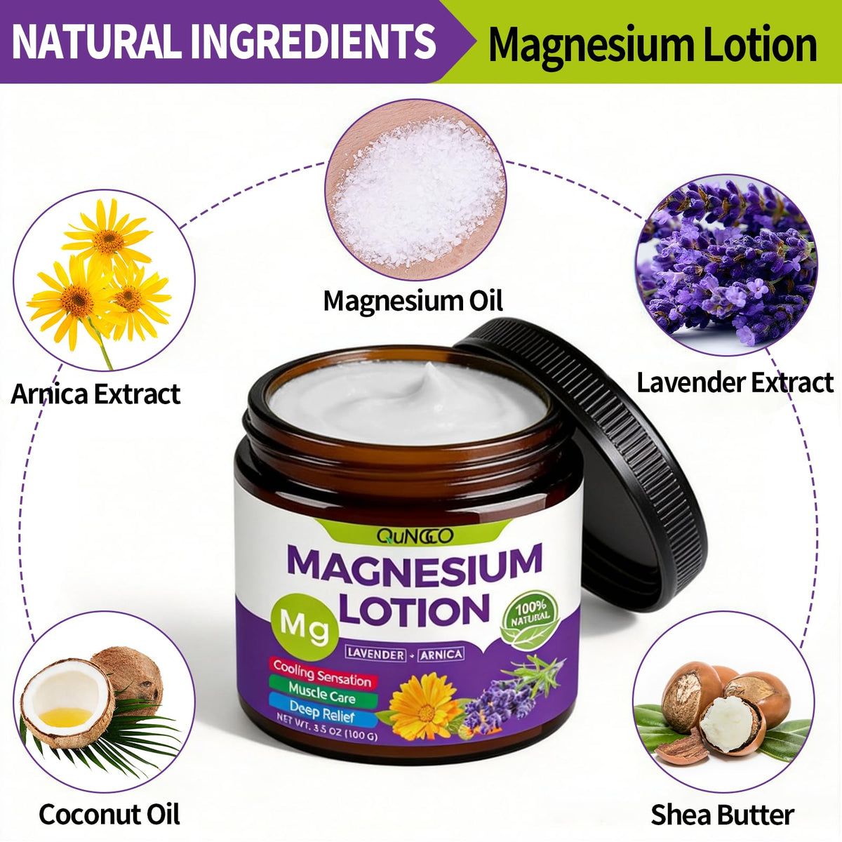 QUNGCO magnesium oil spray pump close-up highlighting quick absorption and targeted relief