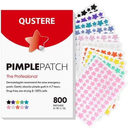 QUSTERE front packaging showing the 800-count colorful star pimple patches and benefits