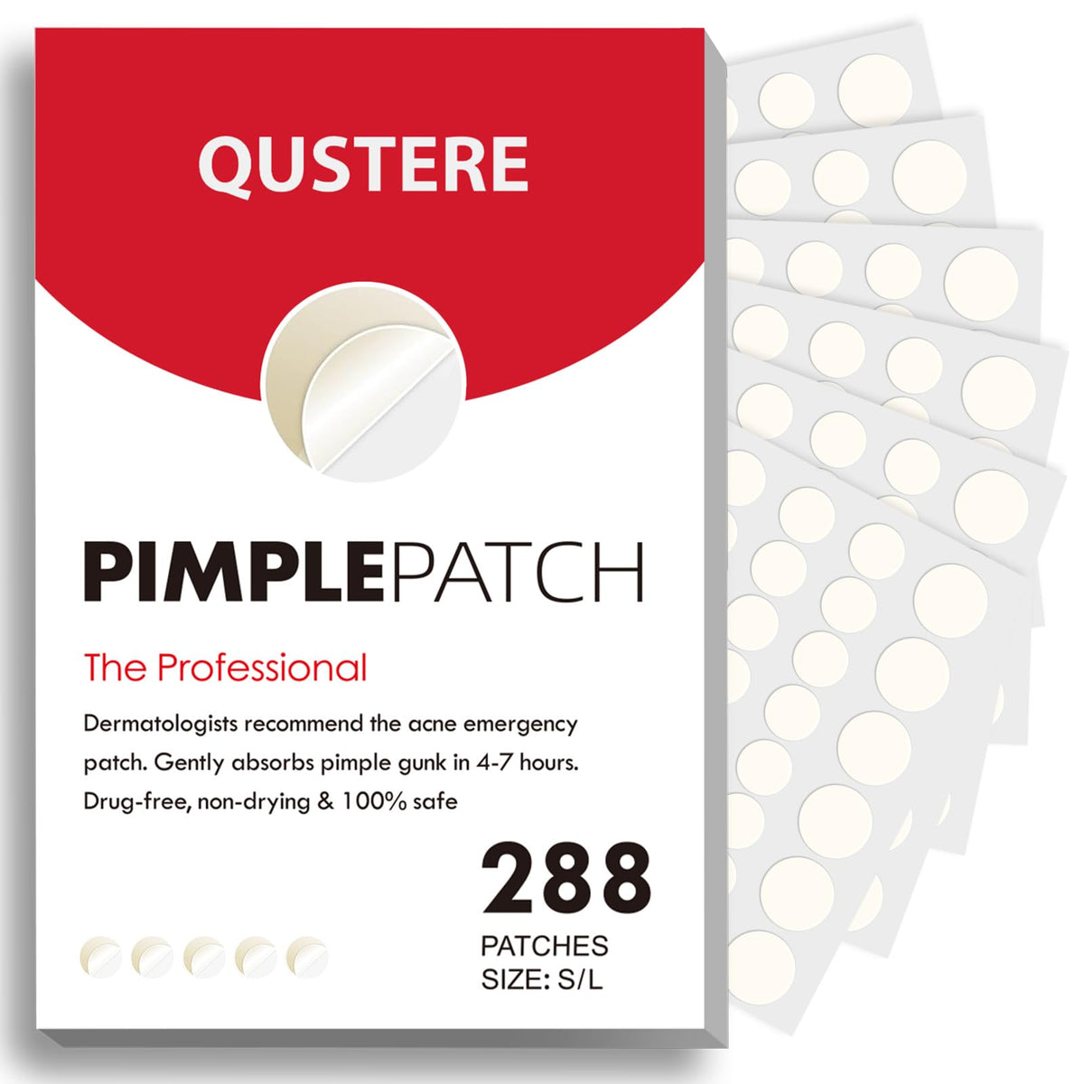 QUSTERE front packaging showing 288 clear acne patches for convenience