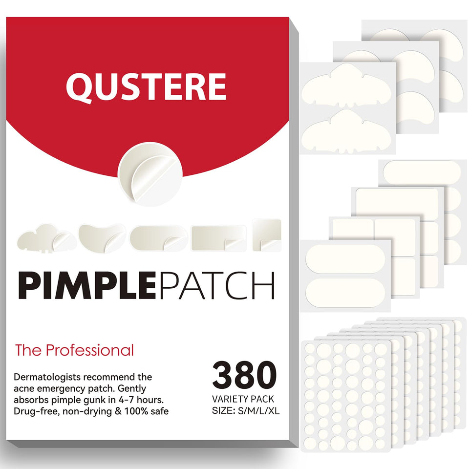 QUSTERE front packaging showing 380-piece acne patch assortment and benefits