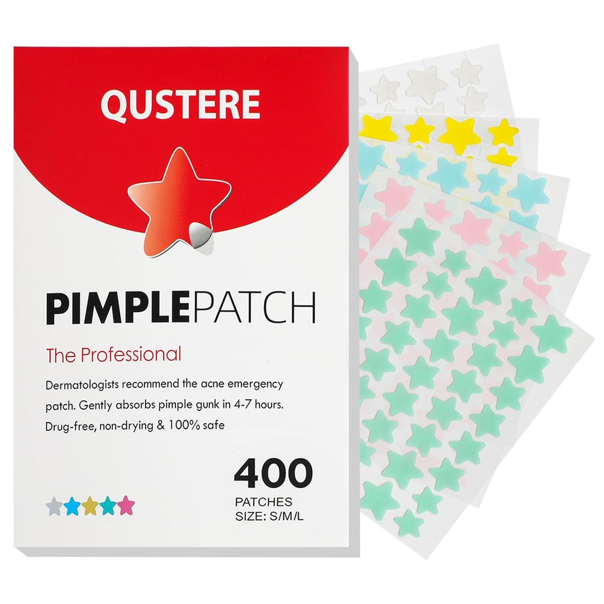 QUSTERE front packaging showing 400-count set and colorful patches benefit quick access