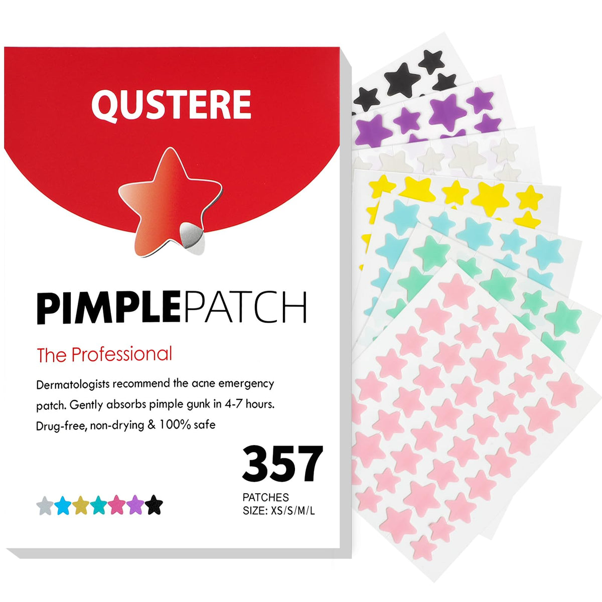 QUSTERE front packaging showing colorful 357-count acne patches and sizes
