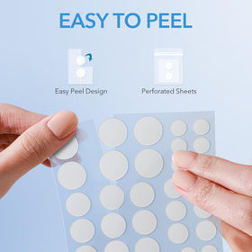 QUSTERE patches next to a hand showing size comparison and easy selection