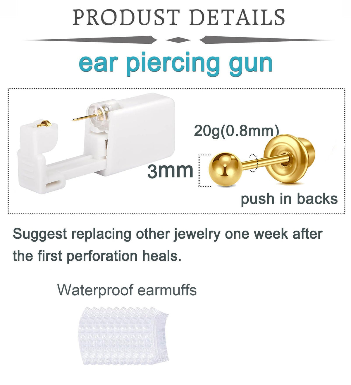 QWALIT close-up of 3mm gold stud head and 20g post showing polished detail