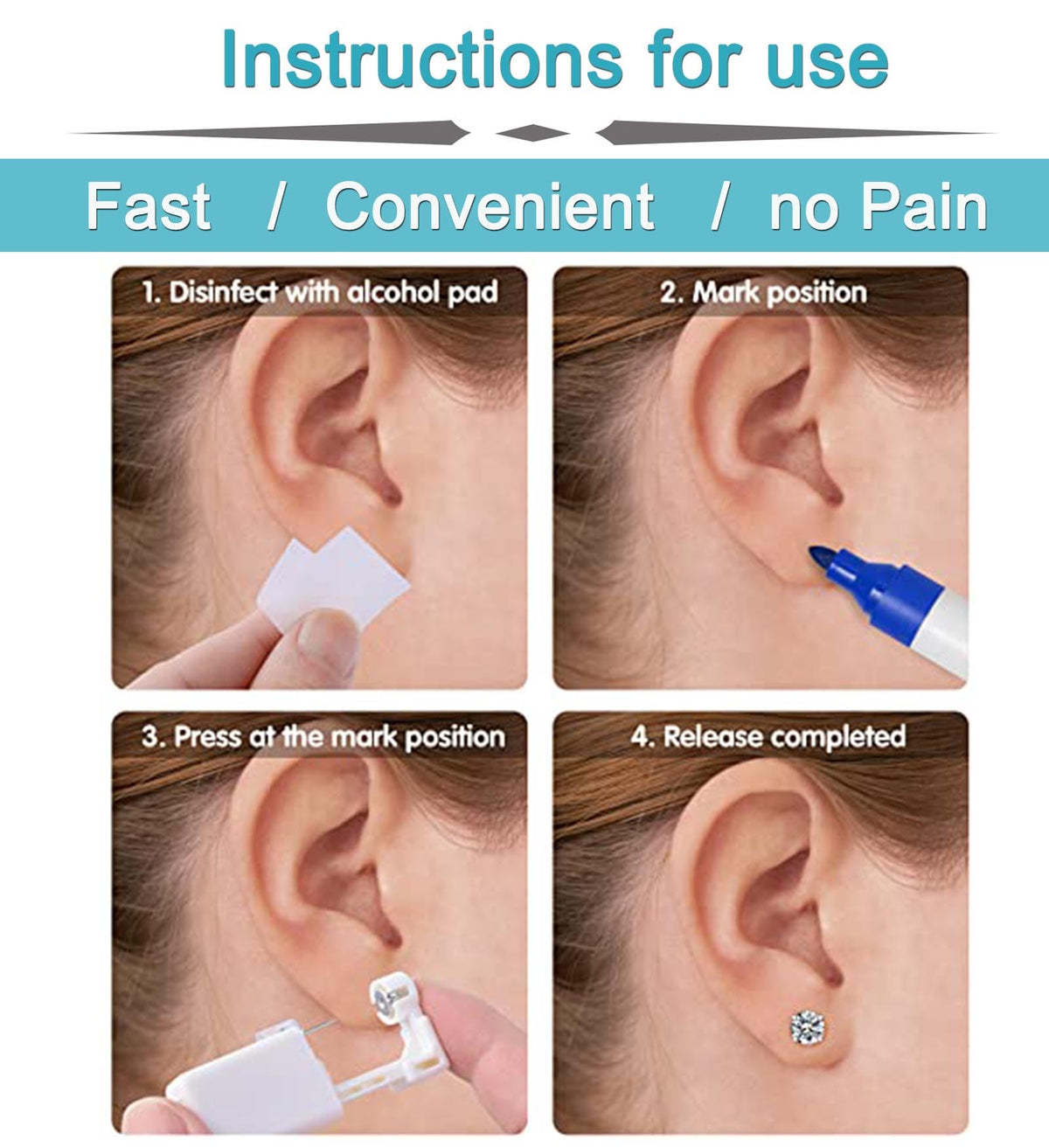 QWALIT device in use on earlobe demonstrating quick one-motion piercing benefit
