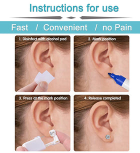 QWALIT device in use on earlobe demonstrating quick one-motion piercing benefit