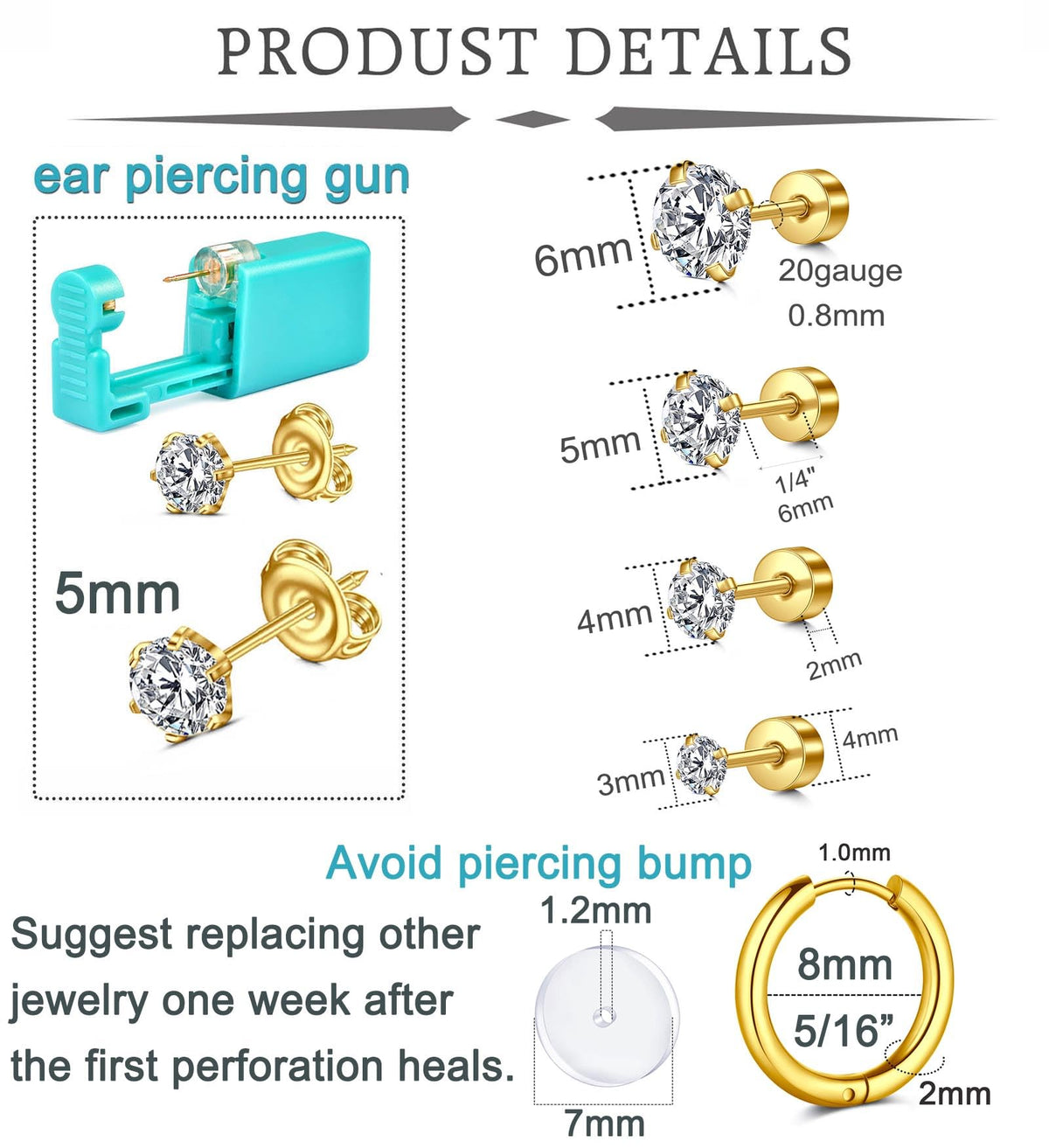 QWALIT gold studs close-up showing top sizes and polished finish for comfortable wear