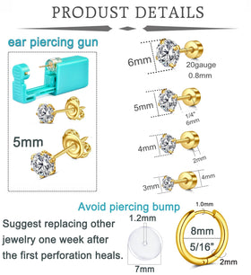 QWALIT gold studs close-up showing top sizes and polished finish for comfortable wear