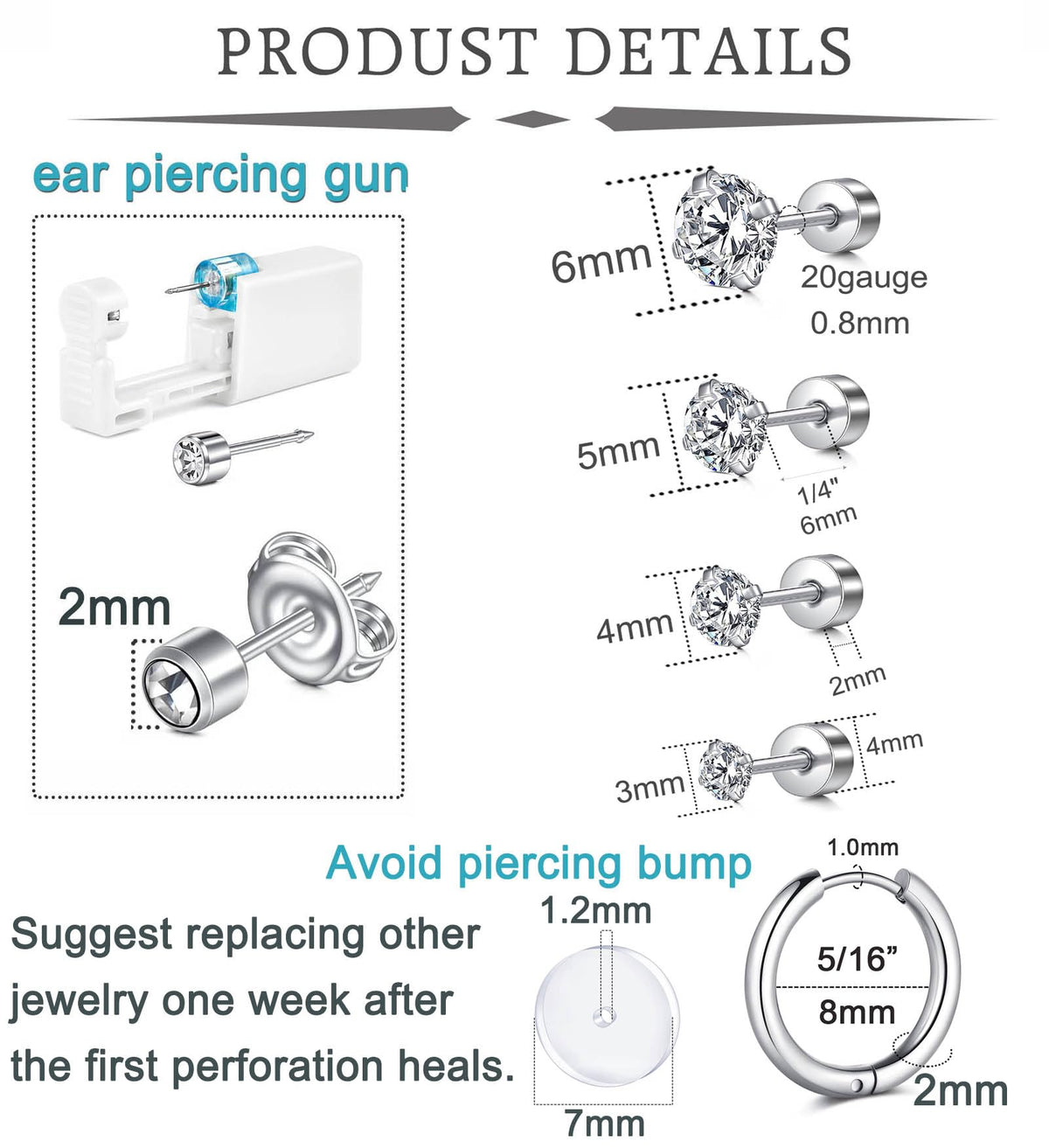 QWALIT close-up of 20G studs and 8mm cartilage hoop, precise sizes visible