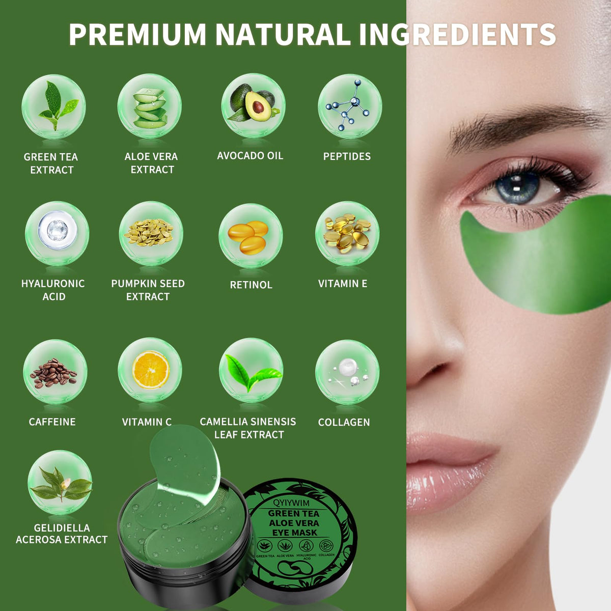 Qyiywim patch application under eye demonstrating fast de-puffing benefit