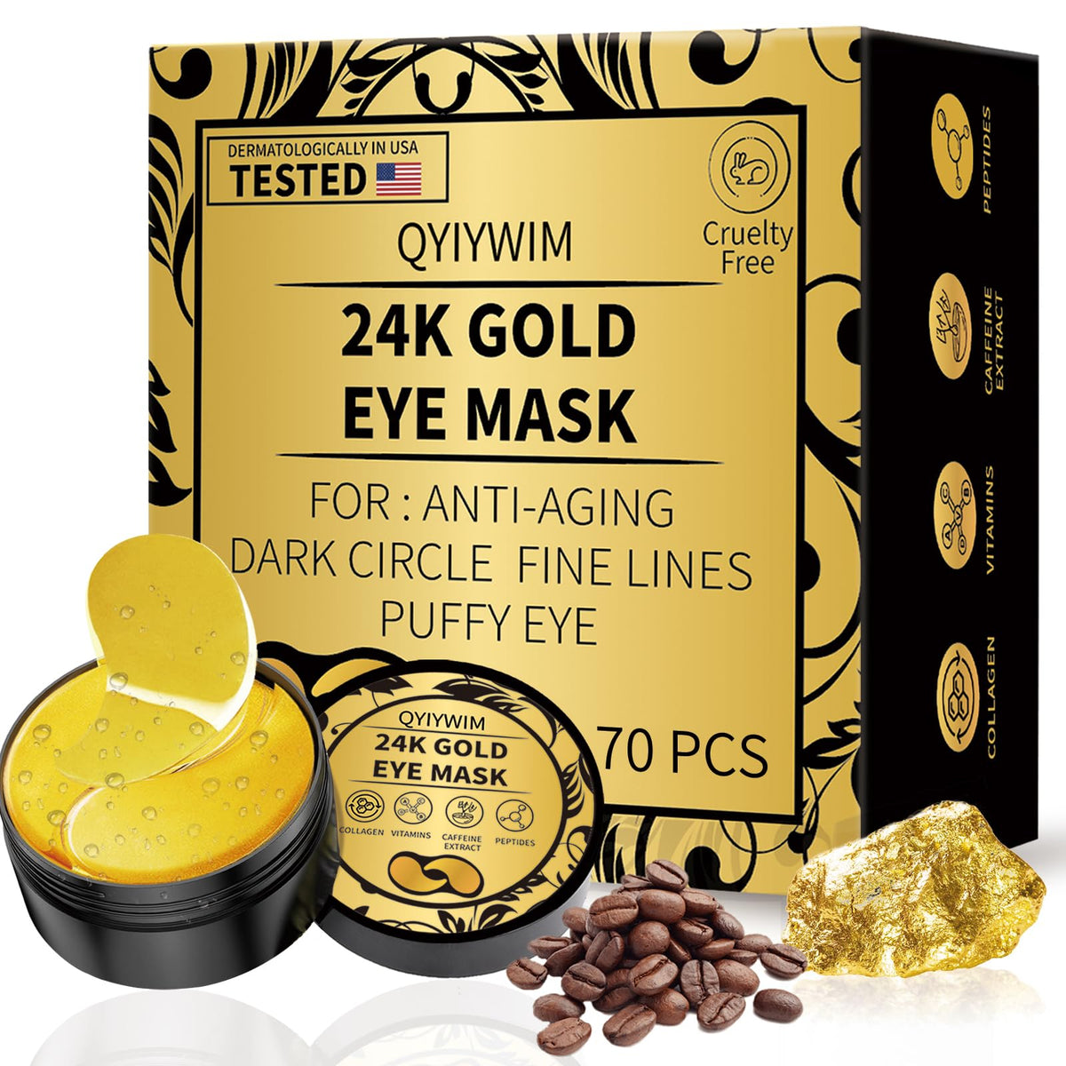 Qyiywim front packaging showing 70-piece gold eye patches and benefits