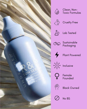 R&R Sun Serum on bathroom makeup tray emphasizing daily routine convenience