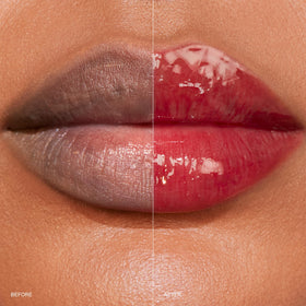 r.e.m. beauty on lips portrait demonstrating sheer cherry cola tint and plumping effect