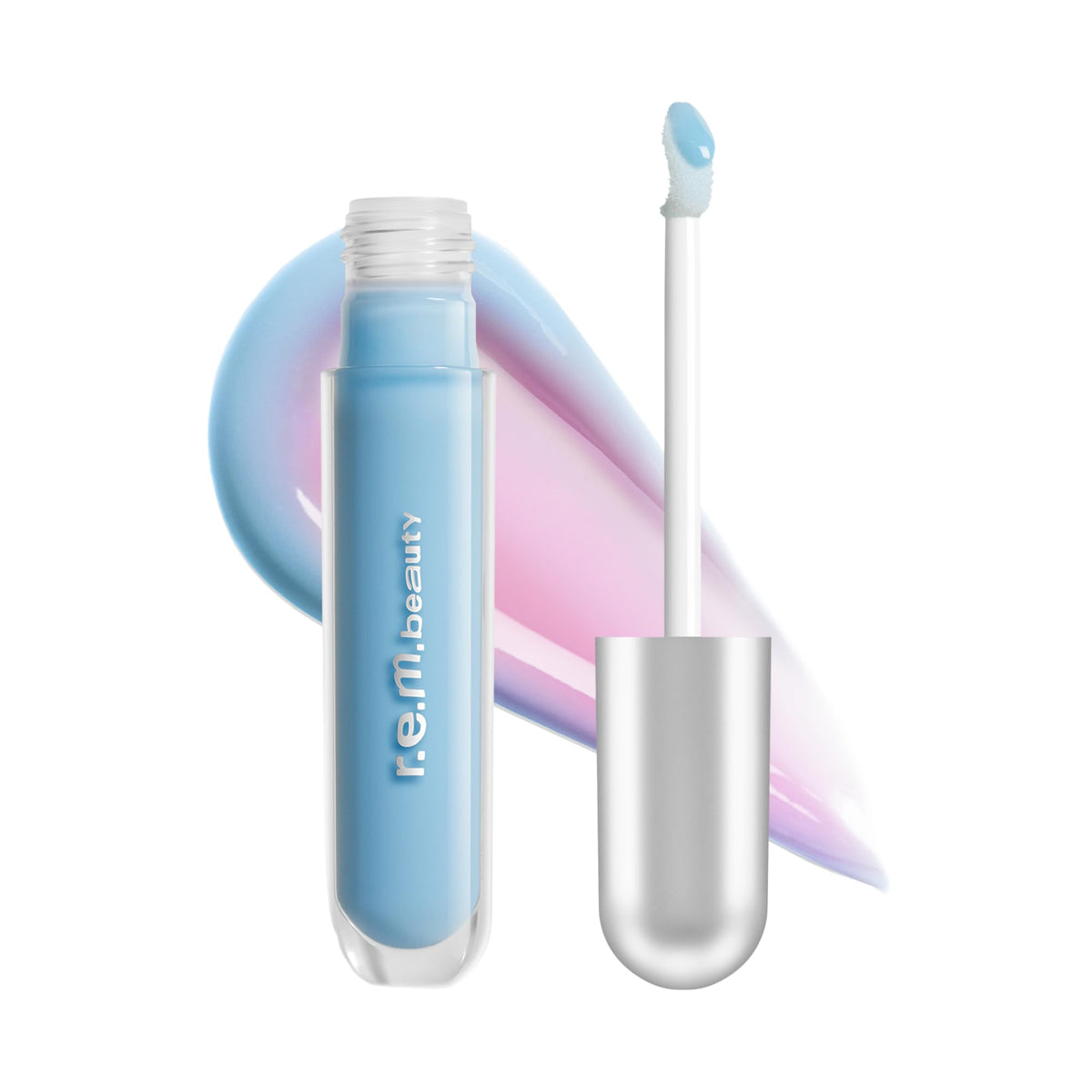 r.e.m. beauty front packaging showing gloss tube and branding, highlights shelf appeal