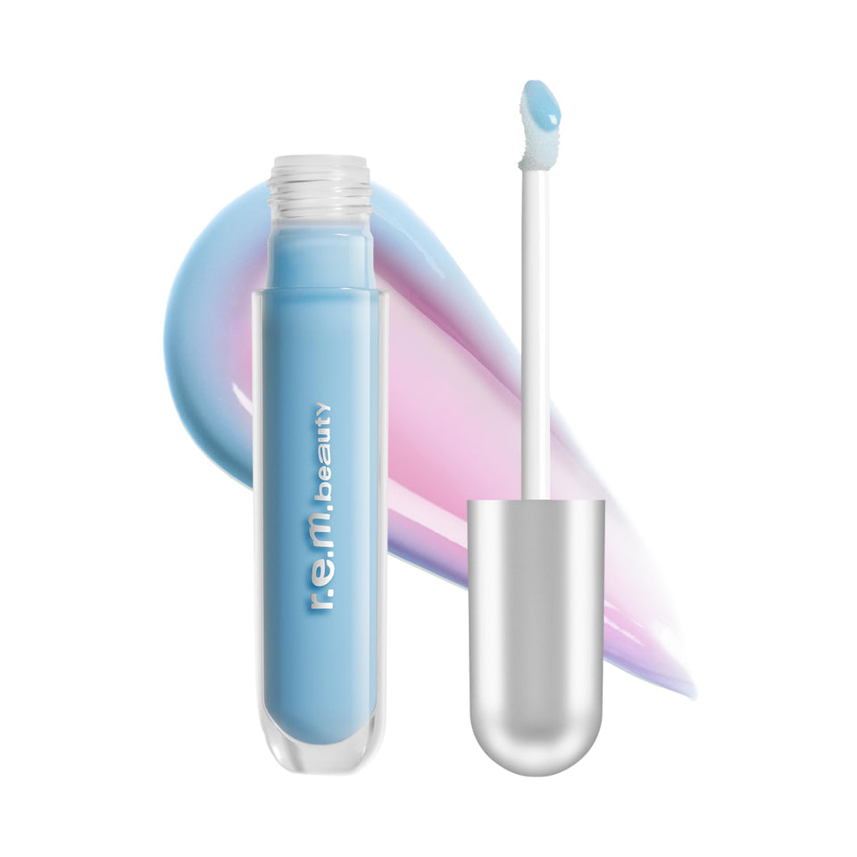 r.e.m. beauty front packaging showing gloss tube and branding, highlights shelf appeal