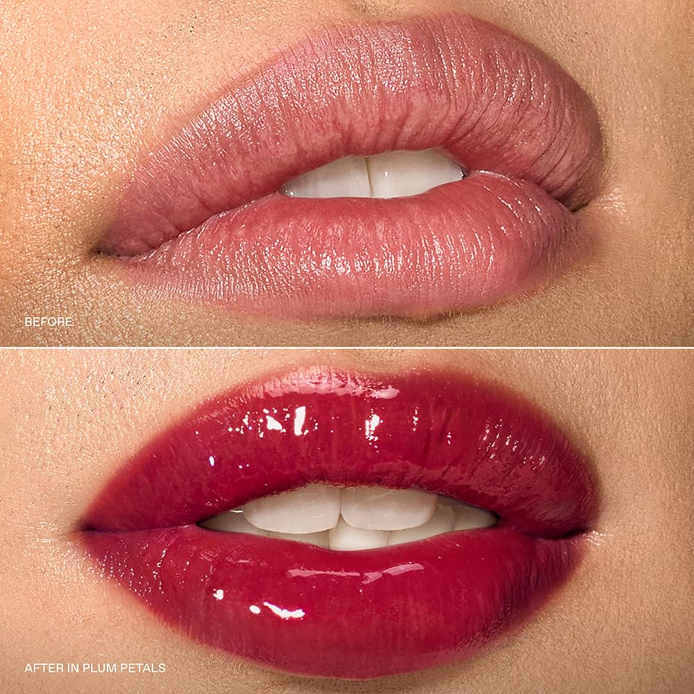 r.e.m. beauty Plum Petals worn over matte lipstick showing added depth and shine benefit