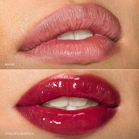 r.e.m. beauty Plum Petals worn over matte lipstick showing added depth and shine benefit