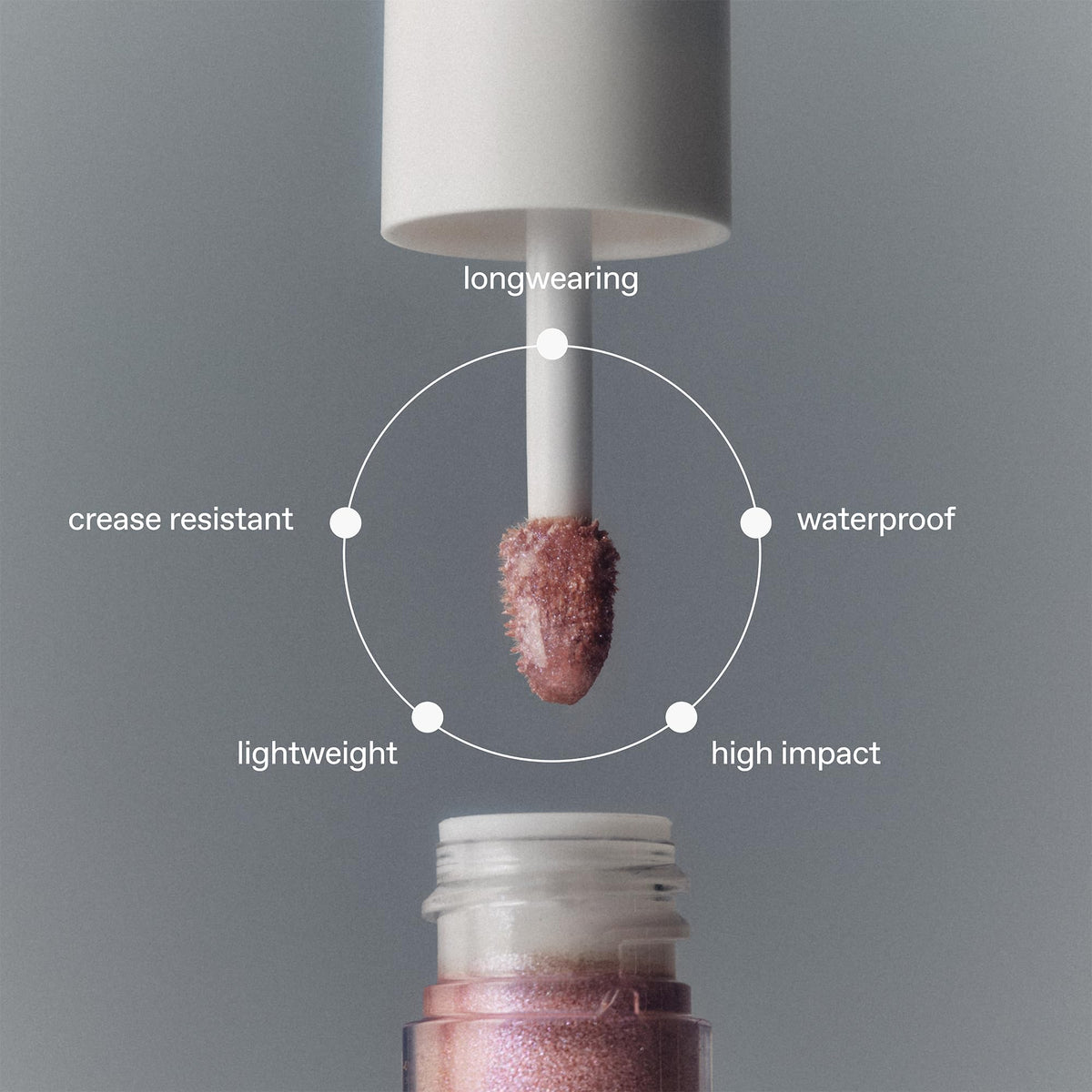 r.e.m. beauty product on model eyelid proving longwear luminous finish