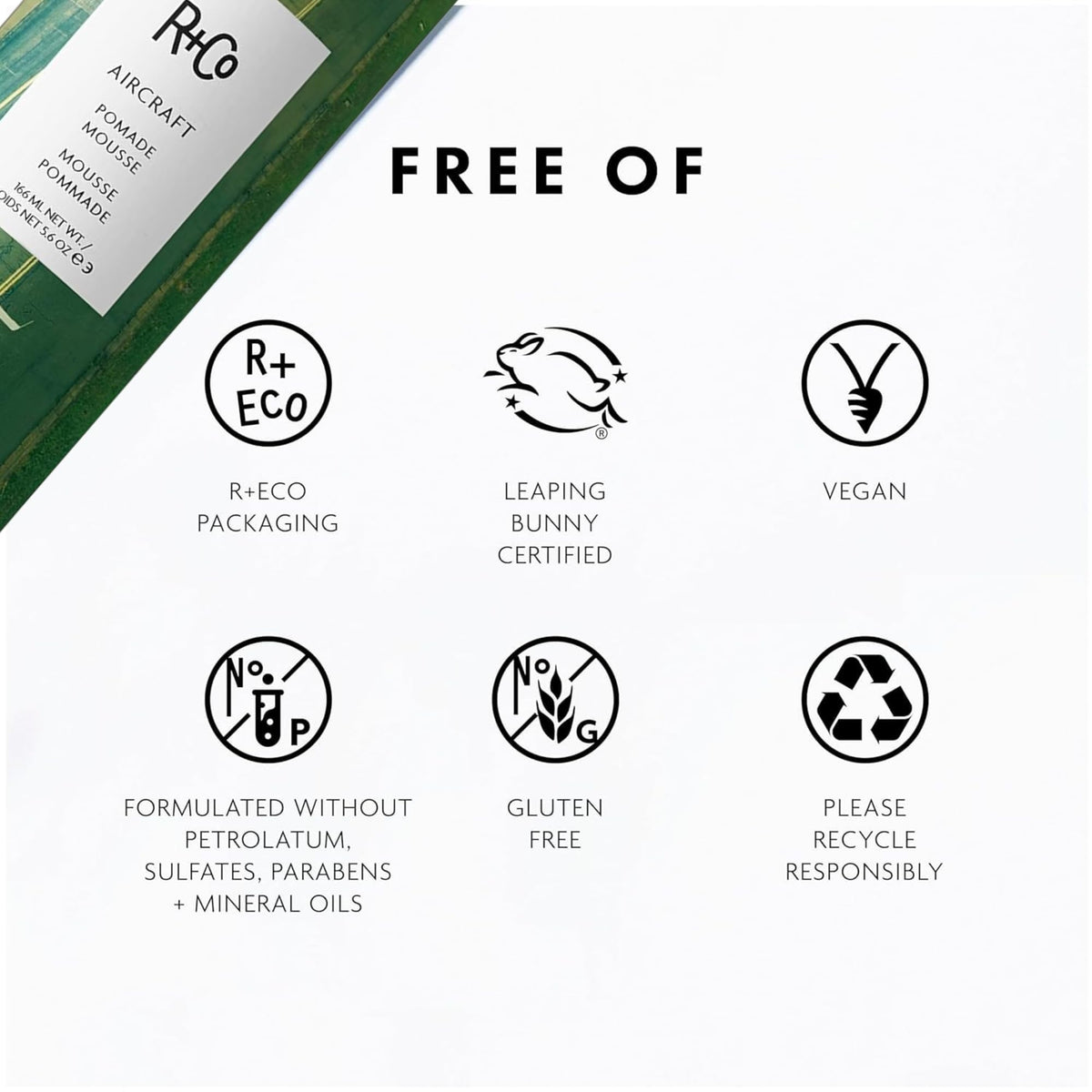 R+Co Aircraft label showing key ingredients and clean-beauty benefit