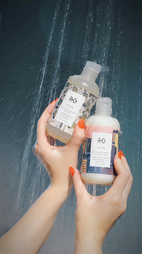 R+Co Dallas on shower shelf in bathroom setting for everyday use