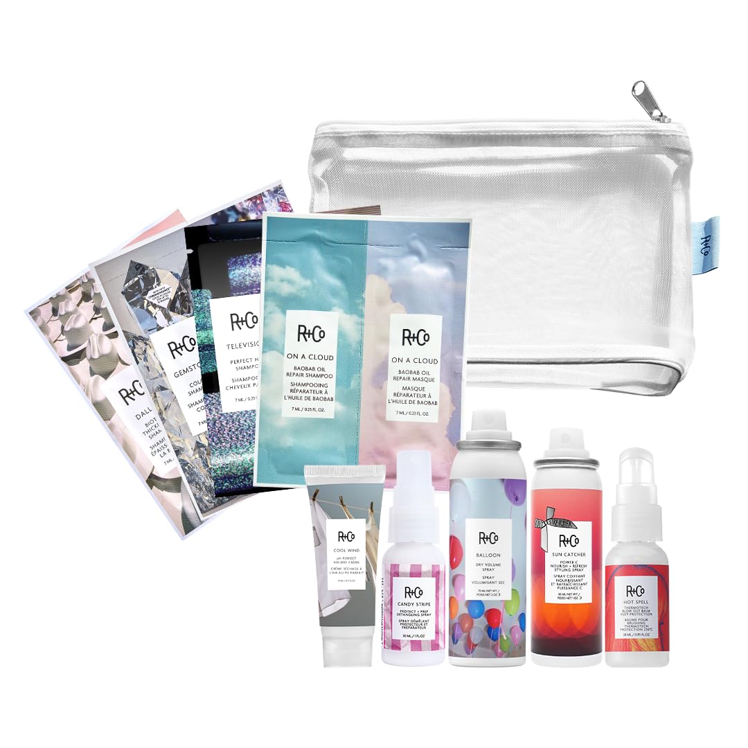 R+Co deluxe discovery kit front view with travel bag showcasing versatile travel-friendly benefits
