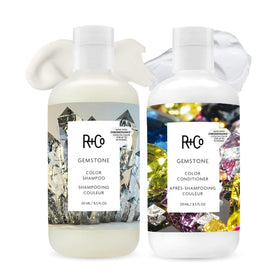 R+Co Gemstone front packaging shows full shampoo and conditioner set with clean design
