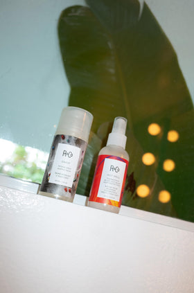 R+Co Hot Spell before and after comparison illustrating reduced frizz and shine