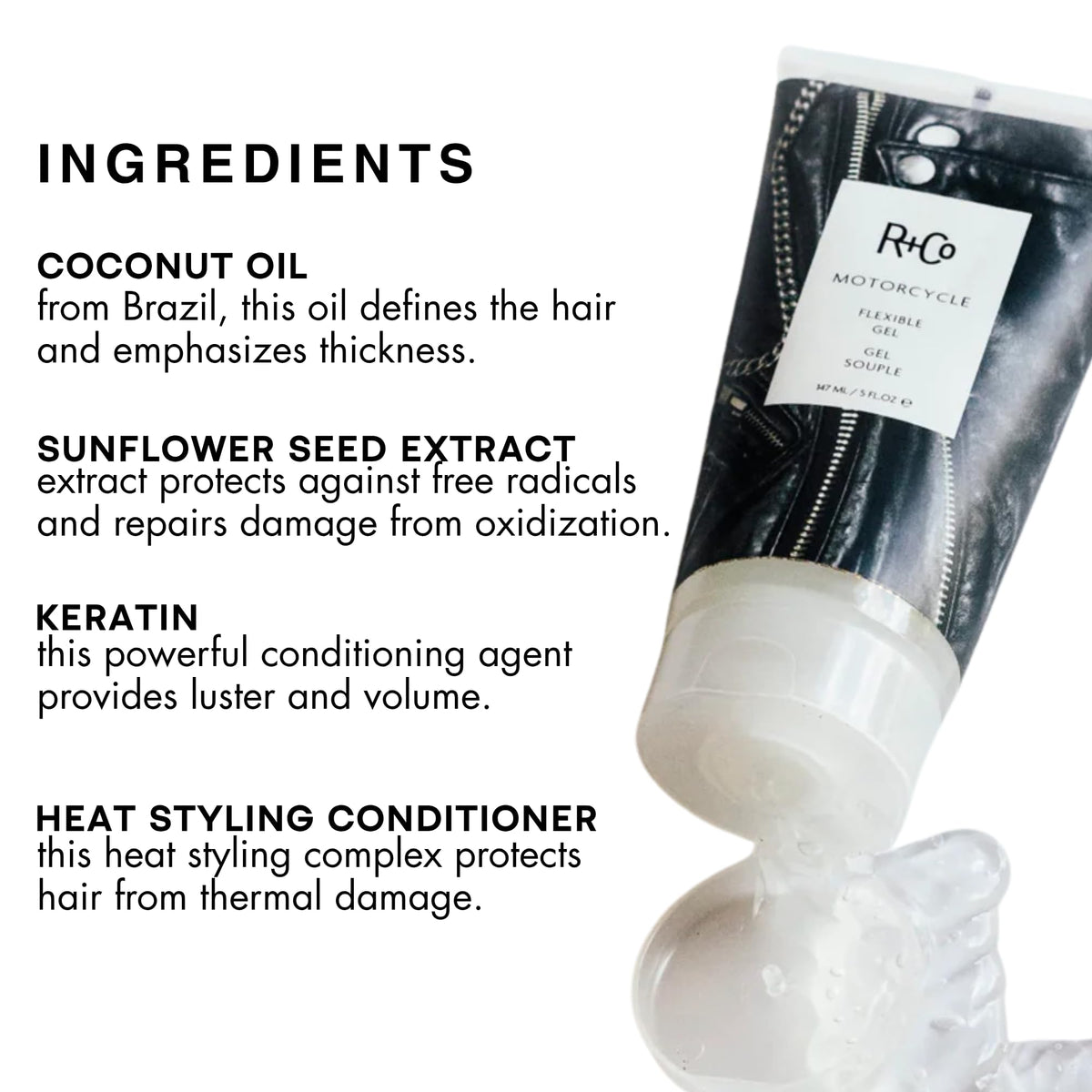 R+Co Motorcycle gel on hand demonstrating consistency for controlled styling