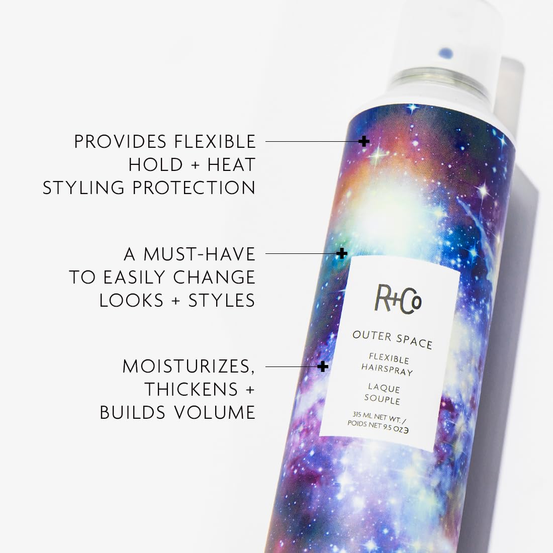 R+Co Outerspace spray close-up on mist showing lightweight, non-sticky finish
