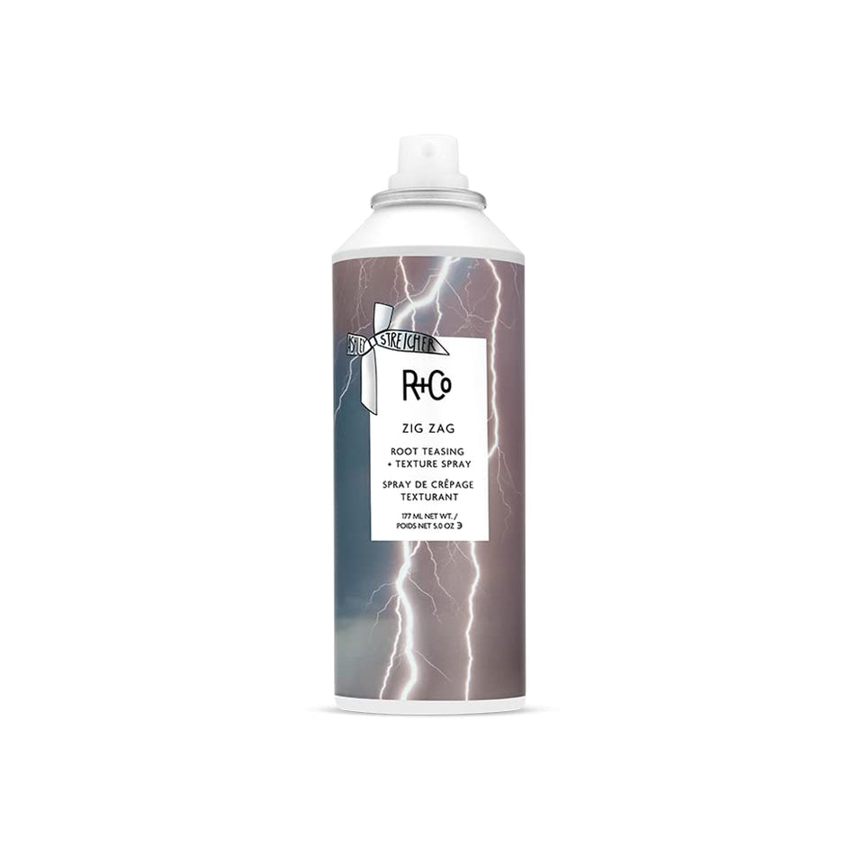 R+Co Zig Zag bottle front view showing label and compact 177 ml size for easy root lift