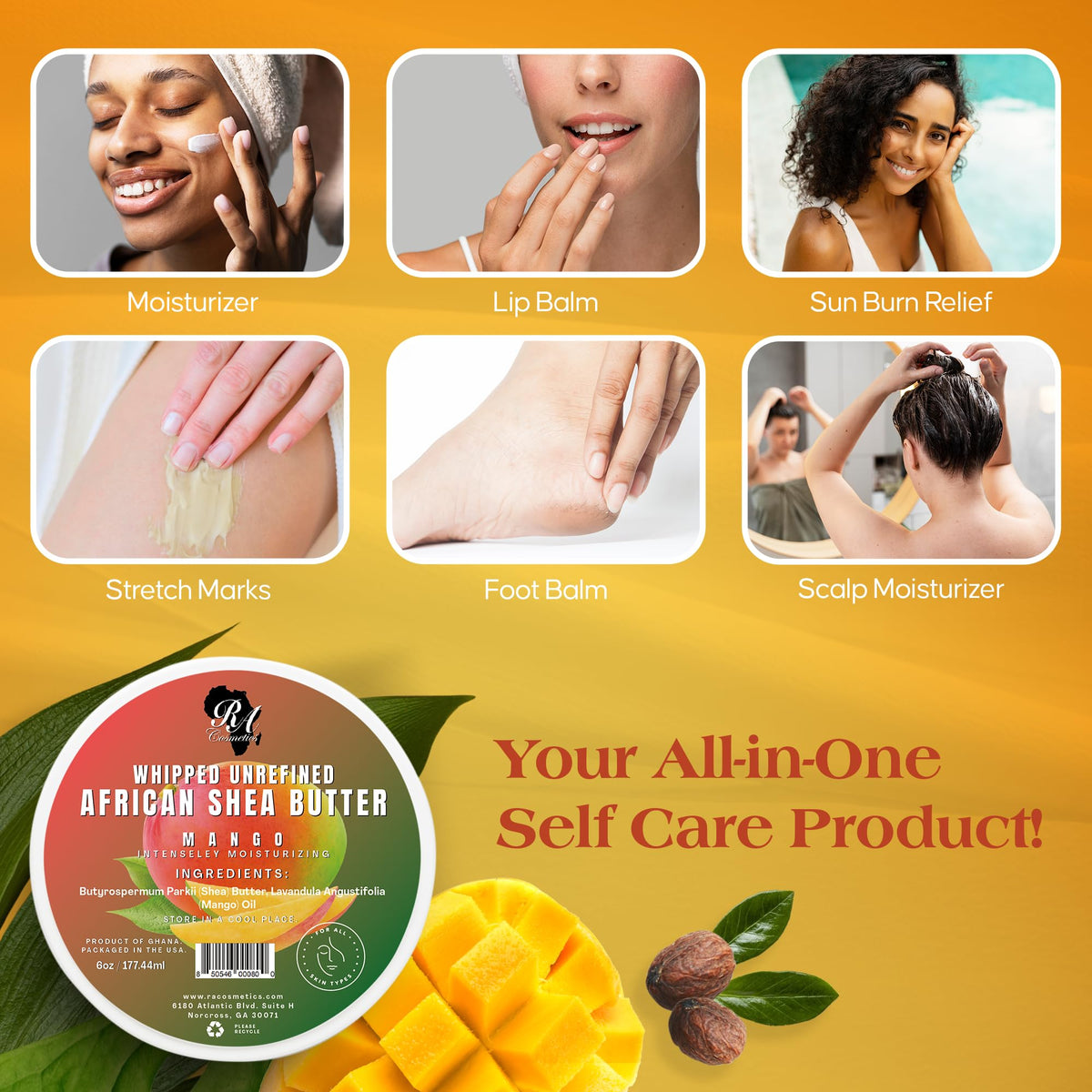 RA COSMETICS applying shea butter to elbow to instantly hydrate skin