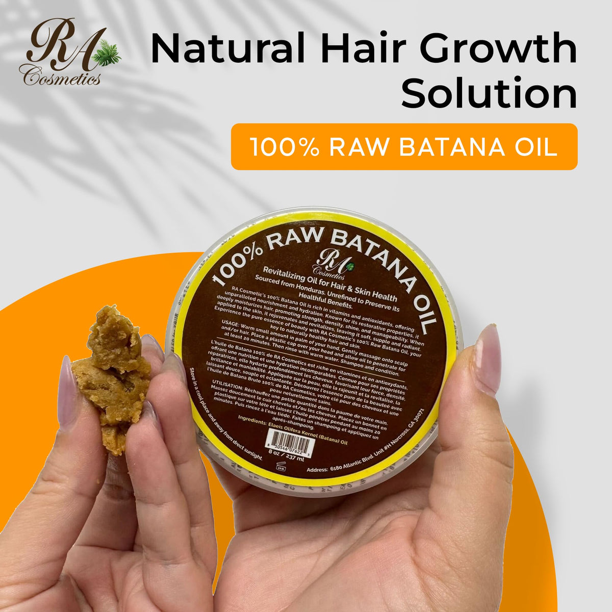 RA COSMETICS label close-up highlighting unrefined, organic ingredient benefits