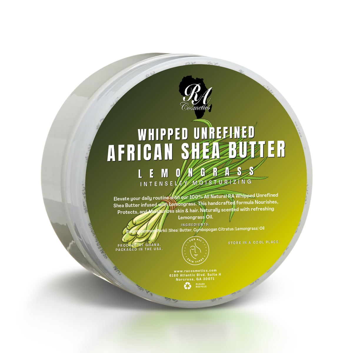 RA COSMETICS front jar view showing lemongrass scent and hydrating benefit