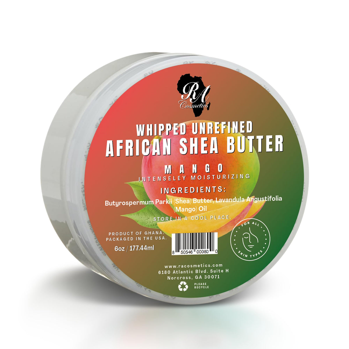 RA COSMETICS front jar mango 6oz shows packaging and easy application benefit