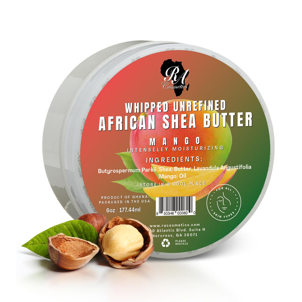 RA COSMETICS front jar showing mango shea label and brand benefits