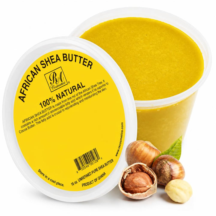 RA COSMETICS front jar view showing pure yellow shea butter and packaging benefit