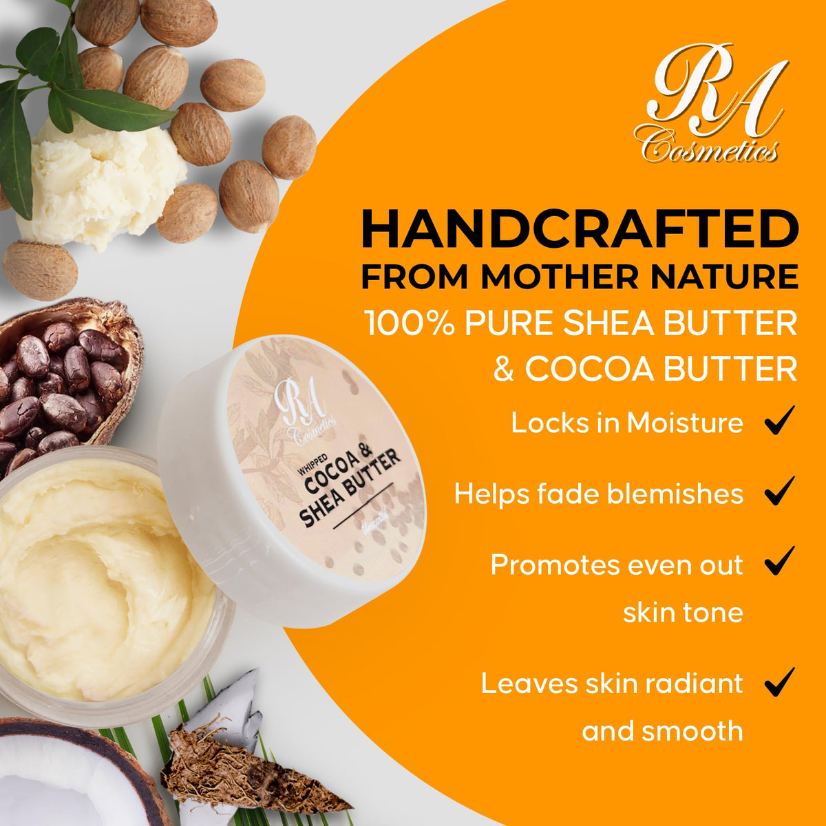 RA COSMETICS cocoa shea coconut ingredients display natural sources and nourishing vitamins